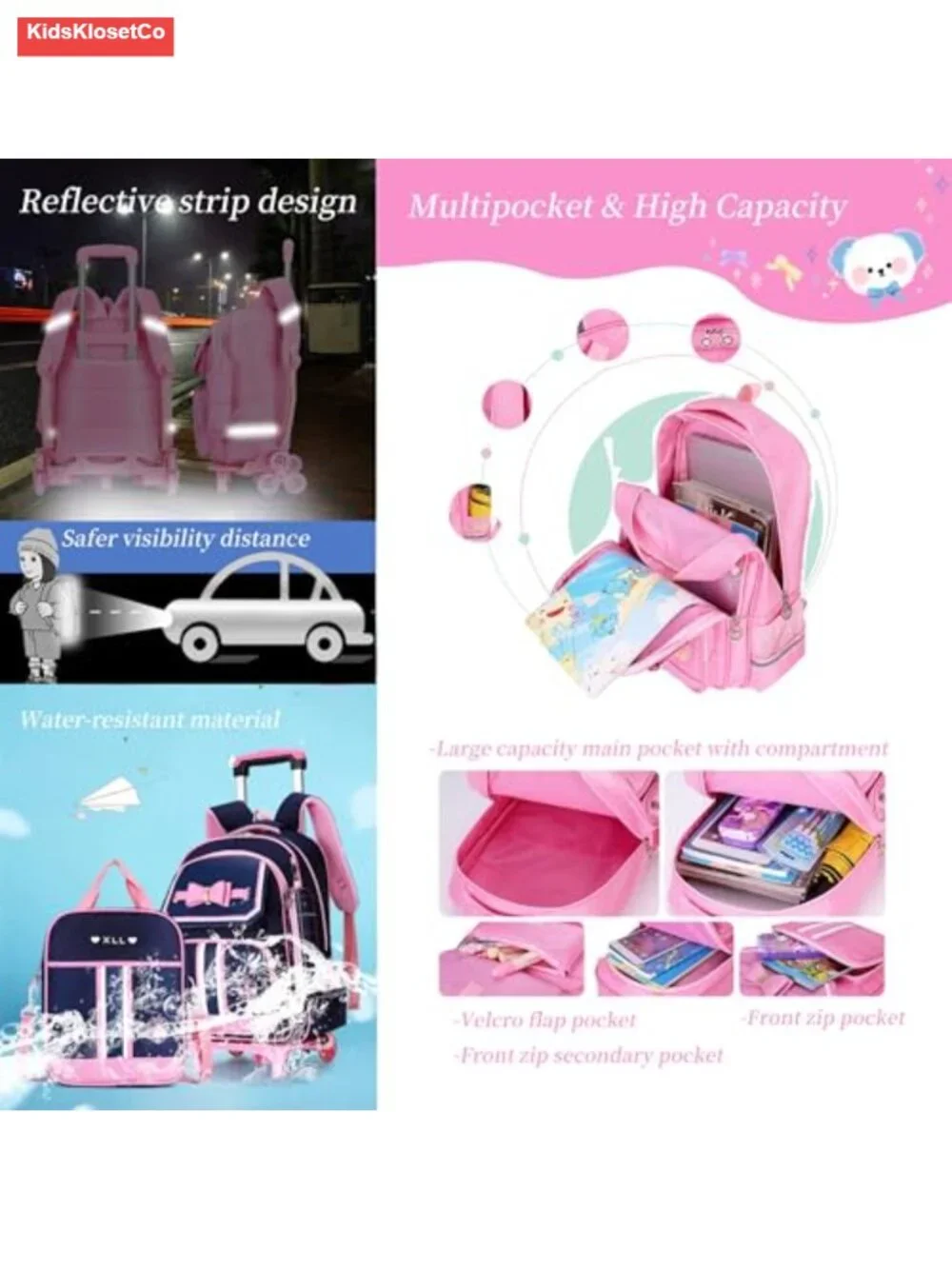 Rolling Backpack for Girls Kids Wheeled Bookbag with Lunch Bag Trolley School